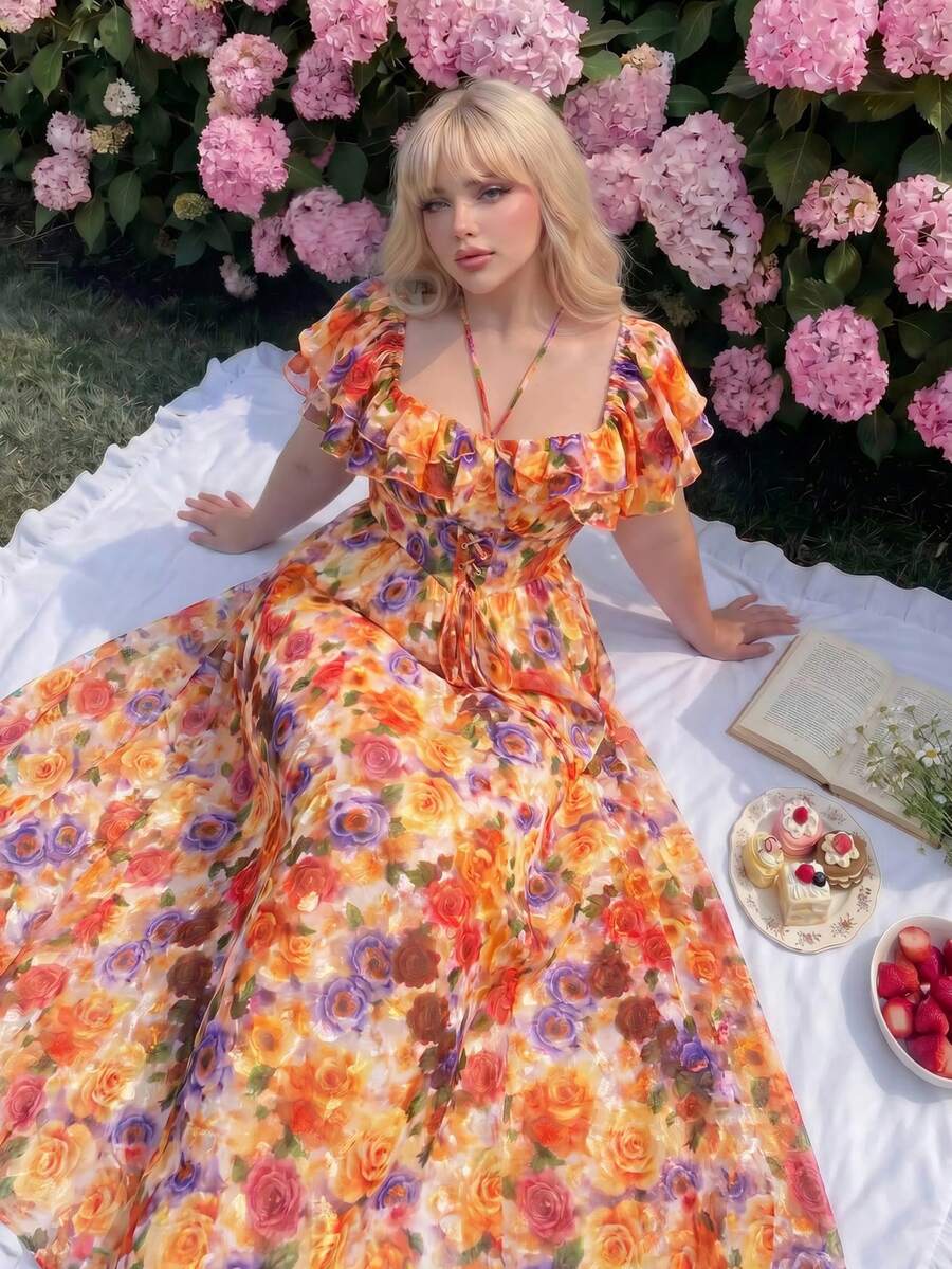 Vibekara Đầm công chúa dáng ôm, thanh lịch, phong cách Pháp cổ điển, chất liệu chiffon dệt họa tiết hoa hồng cầu vồng, tay phồng, cổ chữ V, thắt eo, in hình hoa hồng rực rỡ, kiểu dáng mùa xuân, hè, thích hợp cho kỳ nghỉ. Đầm mùa xuân, đầm hè cho nữ, màu vàng nhạt in hoa hồng jacquard, thắt eo, kiểu dáng thanh thoát, ngây thơ. - Nhiều màu - Xem 1