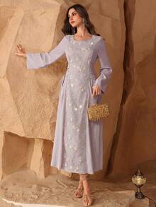 Al Najma Elegant Beaded Embroidery Round Neck Arabic Style Dress For Women - Mauve Purple - View 3