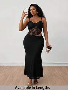 SHEIN PETITE CURVE 大码女式蕾丝拼接美人鱼性感约会派对吊带连衣裙 - 黑色 - 查看 8