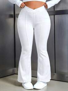 Flexra Plus Size Solid High Waist Flare Leg Skinny Fashion Jeans - White - View 10