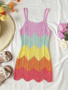 SHEIN 少女彩色條紋鏤空罩衫，適用於海灘、泳池、海邊、衝浪、度假、夏季、旅行、假日等，女孩泳衣罩衫、泳衣罩衫、沙灘洋裝、女孩泳衣洋裝、沙灘洋裝、女孩沙灘罩衫、女孩保守泳衣洋裝、女孩毛圈布泳衣罩衫、貝殼洋裝、女孩沙灘洋裝、少女泳衣罩衫、少女度假洋裝 - 彩色 - 查看 4