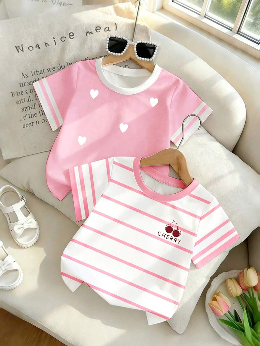 Kaos Kasual Serbaguna Lengan Pendek Leher Bulat untuk Anak Perempuan - MultiWarna - View 1