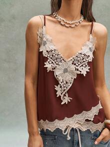 Bohemela Women's Contrast Lace Camisole - Maroon - View 2