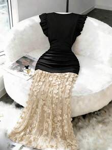 Franclia Women's Elegant Square Neck Ruffle Sleeve Waist Splice Mesh Embroidered 3D Floral Hem Dress, Suitable For Spring/Summer Outings And Dates - Black and Gold - View 2