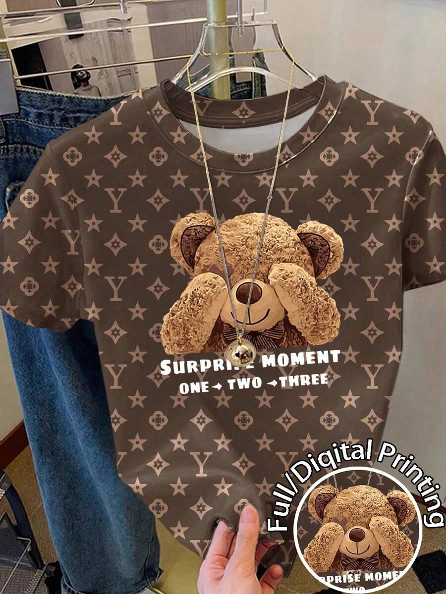 SHEIN Women's Letter & Cartoon Bear Print Regular Fit Crew Neck Short Sleeve T-Shirt - Brown - View 1