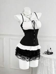 Sweetra Retro Nische Polka Punkt Patchwork Trägerhemd, schmeichelhaftes vielseitiges Crop Top mit süßem quadratischem Kragen und Puffärmeln, sexy minimalistisches schwarzes kurzes künstlerisches Polka Punkt Patchwork Trägerhemd für Frauen, Herbst - Schwarz und Weiss - Übersicht 8
