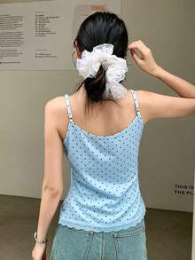 K-Vae 女款白色波點蕾絲飾邊細肩帶上衣，甜美可愛修身夏季襯衫，柔軟針織，韓系休閒百搭，街頭風，必備疊穿單品 - 淺藍色 - 查看 2
