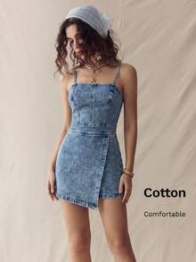 SHEIN PETITE PETITE 女式吊带牛仔裹身迷你连衣裙，休闲夏季日常连衣裙 - 中等水洗藍 - 查看 5