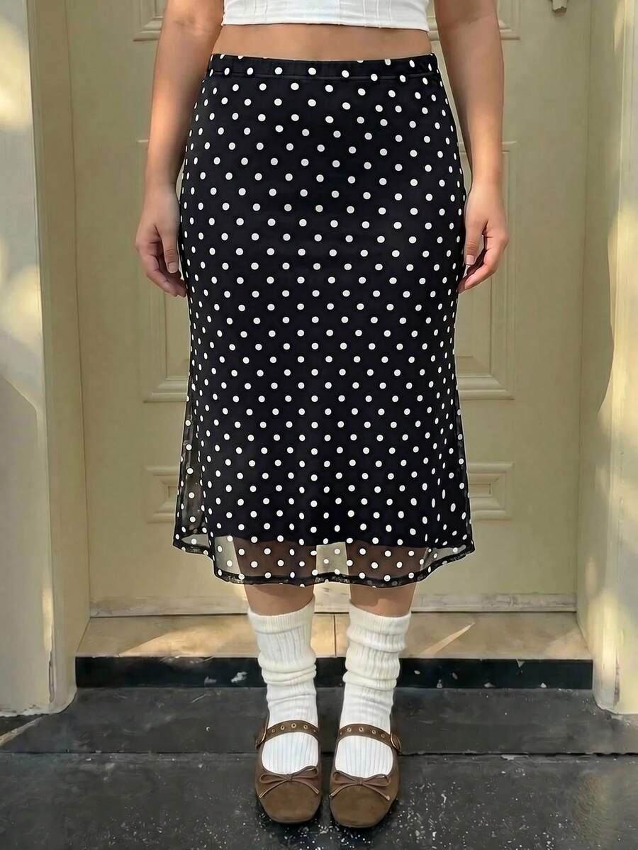 GalTyme Plus Size Black Polka Dot Casual Summer Everyday Skirt - Black - View 1
