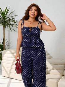 Solflare Navy Blue Plus Size Polka Dot Print Camisole And Casual Pants 2 Pieces Set - Navy Blue - View 6