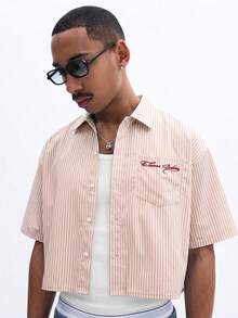 SUMWON Striped Cropped Button-Up Shirt Short Sleeve Chest Pocket Embroidered Logo Summer Casual - Khaki - View 5