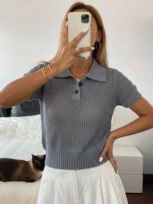 DAZY 女款商務休閒 Polo 領短袖針織上衣 夏季 - 灰色 - 查看 6