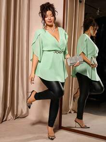 Cravure Plus Size Women's Solid Color Overlap V-Neck Ruffle Sleeve Elegant Blouse - Green - View 5