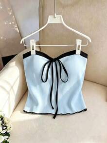 Franclia Women's Elegant Sexy Backless Tube Top Solid White Ribbed Knit Fabric Fitted Versatile Daily Summer Vacation Camisole - Blue - View 1