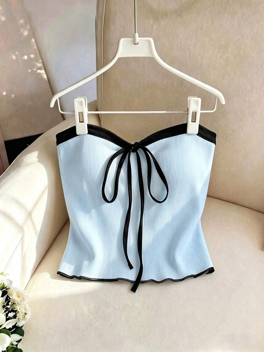 Franclia Women's Elegant Sexy Backless Tube Top Solid White Ribbed Knit Fabric Fitted Versatile Daily Summer Vacation Camisole - Blue - View 1
