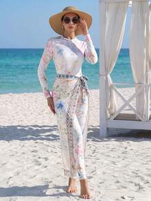 Veilorie High-End Floral Print Modest Romantic Burkini Bathing Suits For Women Beach Party White Summer - Multicolor - View 6
