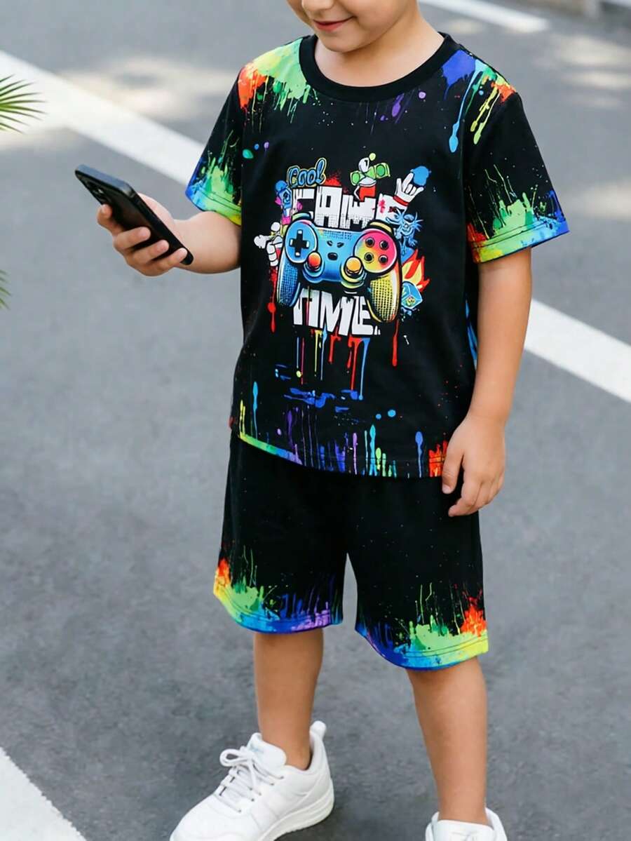 2件組小男孩夏季套裝,圖案T恤與短褲套裝,返校日常穿著運動玩樂童裝 - 黑色 - 查看 1