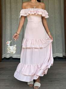DAZY Off-Shoulder Rüschen-Mittelänge Urlaubs-Kleid für Frauen - Pink - Übersicht 3
