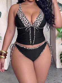 Slaydiva Plus Size 2pcs Bikini Set,Leopard Print Patchwork Black,Deep V-Neck,Adjustable Straps,Tie-Up Triangle Bottoms,Summer Beach Vacation Holiday Swimwear - Black - View 4
