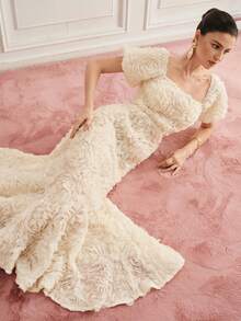 SHEIN Zanirela Elegant Puff Sleeve Floral Decor White Summer Dining Dinner Beach Date Dress Sweet Square Neck Birthday Party Bodycon French Ladylike Embellished - Apricot - View 3