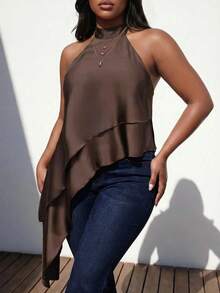Truni Plus-Size Irregular Hem Satin Wrinkle-Resistant Top For Casual Vacations - Brown - View 6