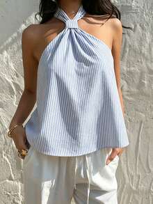 SHEIN EZwear 休闲简约风浅蓝色条纹印花露背上衣，百搭实用，适合春夏度假穿着 - 彩色 - 查看 8