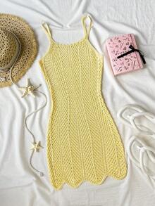 SHEIN Tween Girl Solid Color Hollow Out Cami Dress - Yellow - View 2