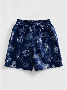 ROMWE MEN Casual Men's Starfish Print Drawstring Waist Beach Shorts - Navy Blue - View 2