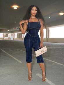 BriallanyX BriallanyX Damen Lässig Pendeln Mode 3/4 Länge Denim Latzhose Jumpsuit - Blau - Übersicht 5