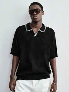 ROMWE MEN Men's Cable Knit Polo Shirt - Black - View 1
