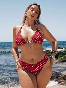 SHEIN BAE Plus Size Women Polka Dot Beaded Halter Tie Sexy Bikini Swimwear Set - Red - View 3