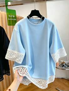 Franclia Plus Size Lace Patchwork Short Sleeve Round Neck T-Shirt - Blue - View 1