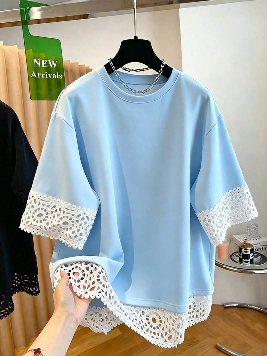 Franclia Plus Size Lace Patchwork Short Sleeve Round Neck T-Shirt - Blue - View 1