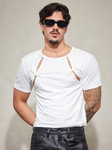 FeverCity Men's Fashion Personalized Frog Button Cutout Design Short Sleeve T-Shirt - White - View 6