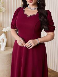 Modelyn Plus Size Elegant Party Rhinestone Decorated Dress - Burgundy - View 1