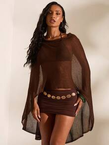 Opulessa Áo dệt kim mỏng nữ mùa hè phong cách vintage, dáng rộng, thoải mái - màu nâu - Xem 1