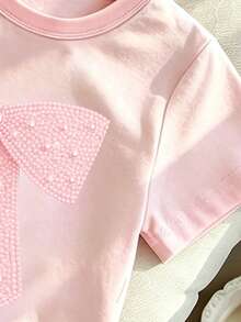 SHEIN Playful Pals 2件套女童可爱甜美学院风蝴蝶结珍珠印花圆领短袖T恤，柔软休闲百搭上衣，适合春、夏、秋季穿着，粉白经典复古款 - 彩色 - 查看 3