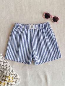 Young Girl Woven Striped Letter Print Casual Shorts - Royal Blue - View 5