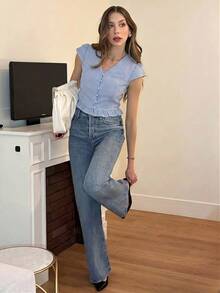 Pariaura French Style Blue V-Neck Button Ruffle Hem Women Blouse - Blue - View 8