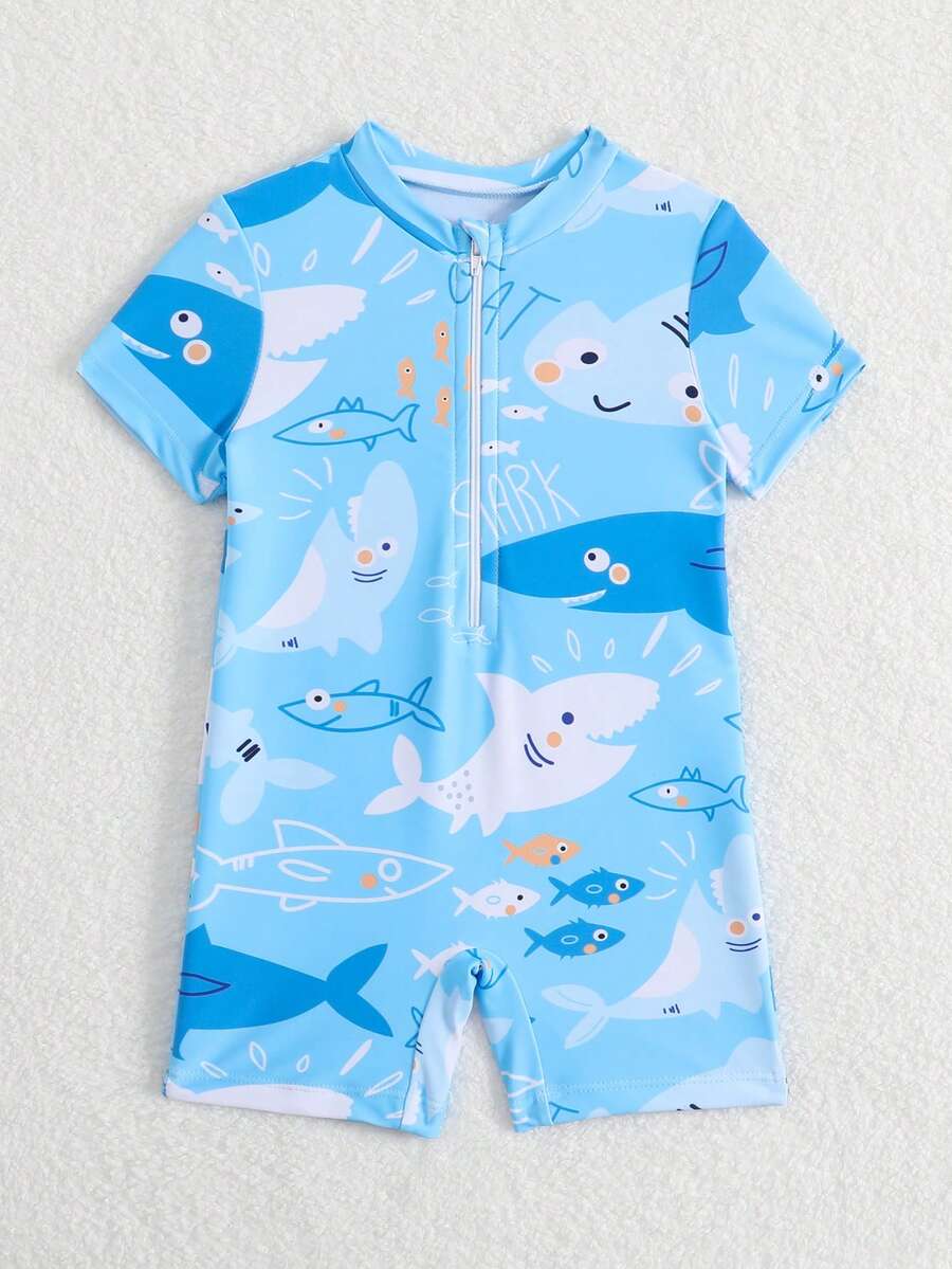SHEIN 婴幼儿男童卡通鱼印花短袖连体泳衣,休闲修身款,适合度假和海滩穿着 - 藍色 - 查看 1