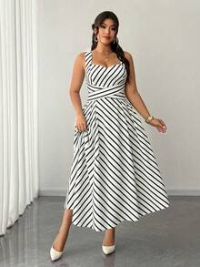 Vestido de mujer talla de elegante unicolor, de tela de alta elasticidad, con diseño de tirantes finos, lazo en la cintura, cintura plisada, falda de talla, diseño versátil, ad - Blanco y Negro 2 - Ver 6