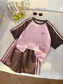 SHEIN 青少年女孩休閒拼色蝴蝶結印花圓領短袖T恤與短褲套裝，夏季 - 棕色 - 查看 3