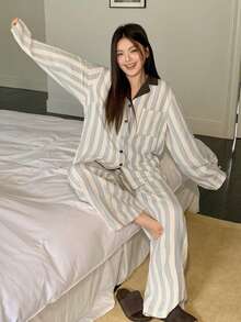 Dazy Plus 大码女式条纹撞色领拼接宽松上衣长裤休闲睡衣套装，春夏秋季 - 藍色 - 查看 6