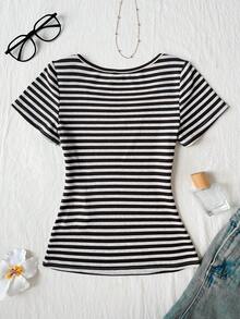 SHEIN Tween Girl Tween Girls Casual Everyday Comfortable Scoop Neck Striped Short Sleeve T-Shirt - Multicolor - View 3