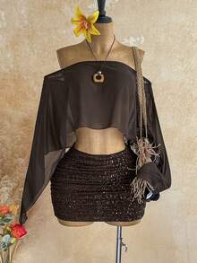 Nuevo top suelto con hombro asimétrico y transparente con lentejuelas doradas y falda mini fruncida de cintura baja asimétrica, estilo bohemio, boho, para vacaciones, vintage, fiestas - Marrón - Ver 10