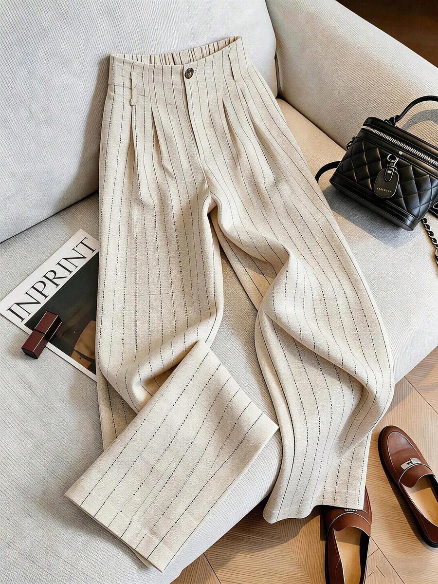 SHEIN Tall Quần nữ kẻ sọc cài nút xếp ly phong cách thường ngày đa năng mặc hằng ngày - Màu be - Xem 1