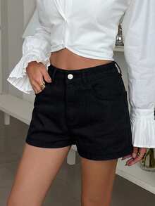 DAZY Women's Casual Solid Color Washed Shorts, Spring/Summer - Black - View 5