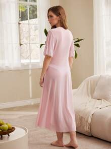 Moireta Women's Mature French Elegant Sexy Contrast Color Lace Patchwork Sheer Mesh Robe - Pink - View 2