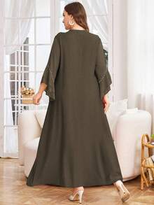 Lacomfia Vestido casual modesto de mujer talla grande de unicolor con parches de gasa - Marrón - Ver 2