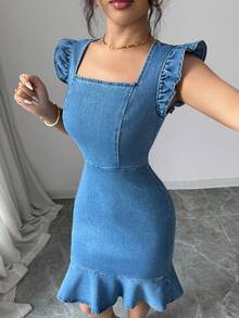 Elenzga Elegant Ruffle Trim Denim Midi Dress For Commuting, Summer - Light Wash - View 6